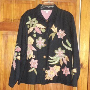 DRESS BARN black w/multi color patches L/S button front jacket sz 1X woman